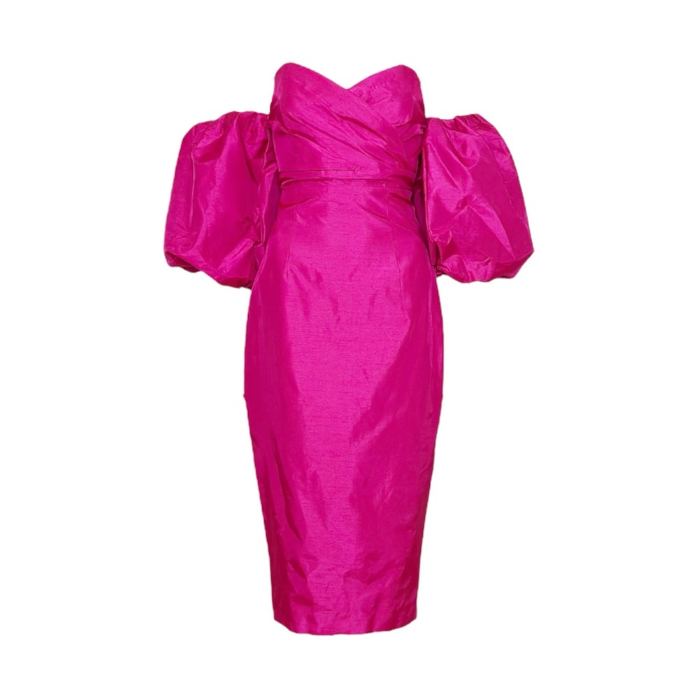 ALIEVA Tiffany Dupioni Puff Sleeve Maxi Dress, Hot Pink, Small